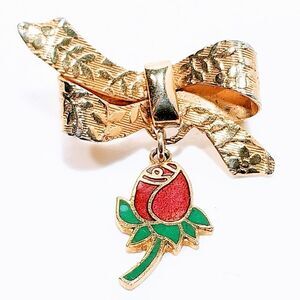 Bow With Hanging Rose Pin/Brooch Gold Tone (CUTE) #1280